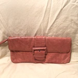 Hobo International Buckle Flap Leather Clutch Large Wristlet Salmon Pink